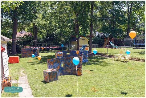 Gray's Nerf Gun Birthday Party | Fresh Art Photography Outdoor Nerf Battlefield, Backyard Nerf Battlefield, Nerf Wars Birthday Party, Nerf Wars Battlefield Diy, Nerf Battle Birthday Party, Nerf Wars Battlefield, Diy Nerf Battlefield, Nerf Battlefield Diy, Boys 8th Birthday