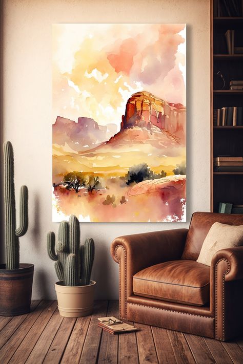 Minimalist Sedona Arizona Desert Wall Art Print Southwest - Etsy Bohemian Watercolor Art, Watercolor Desert Landscape, Western Boho Decor, Desert Watercolor, Desert Landscape Art, Desert Wall Art, Southwestern Art, Nature Watercolor, Airplane Art