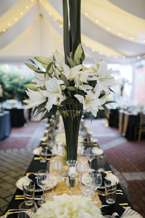 White Lily Centerpiece in Trumpet Vase Lilies Wedding Decor, White Lily Wedding Centerpieces, Lily Themed Wedding, Lilies Wedding Decorations, Lily Centerpiece Wedding, Lily Wedding Decorations, Lily Table Centerpiece, Lily Wedding Centerpieces, Wedding Lilies