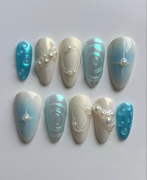 blue water fairy pearl nails 3d Drops Nails, 3d Water Drop Nails, Dew Drop Nails, Waterdrop Nails, Water Inspired Nails, Water Droplet Nails, Droplet Nails, Water Drop Nails, Raindrop Nails