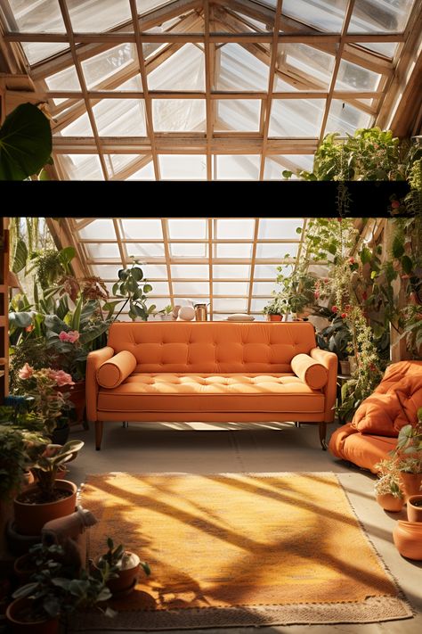 Orange couch with plants in a beautiful design Sanctuary Apartment, Mid Century Orange Couch, Joybird Yellow Couch, 70s Couch Pit, Orange Sofa Retro, 70s Orange Couch, Sofa Orange, Orange Couch, Living Room And Office