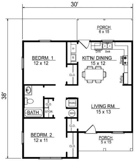 Plan #14-239 - Houseplans.com 2 Bedroom Floor Plans, Guest House Plans, Cottage Floor Plans, Two Bedroom House, 2 Bedroom House Plans, Cabin Floor, Cottage Style House Plans, A Small House, Cabin Floor Plans