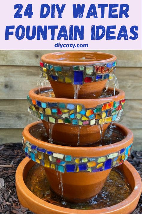 24 DIY water fountain ideas showcasing various creative outdoor designs aimed at enhancing your garden's beauty. This pin covers homemade watering features that add relaxation and charm to any outdoor space. Single image of DIY water fountains. Patio Water Fountain Ideas, Garden Water Features Diy, Diy Fountains Backyard Simple, Diy Garden Fountains Outdoor, Diy Water Feature Cheap, Diy Water Fountain Outdoor, Diy Outdoor Fountain, Diy Fountain Ideas, Homemade Waterfall