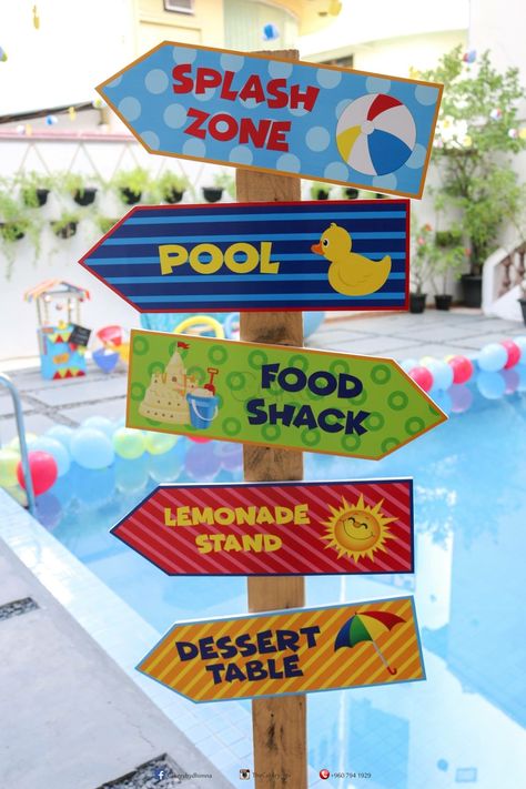 Cool By The Pool Party, Water Park Themed Birthday Party, Summer Splash Birthday Party, Water Park Theme Birthday Party Ideas, Baby Pool Party 1st Birthdays, Splash Party Decorations, Splish Splash Baby Bash, Pool Party Boys Birthday, Pool Party 1st Birthday