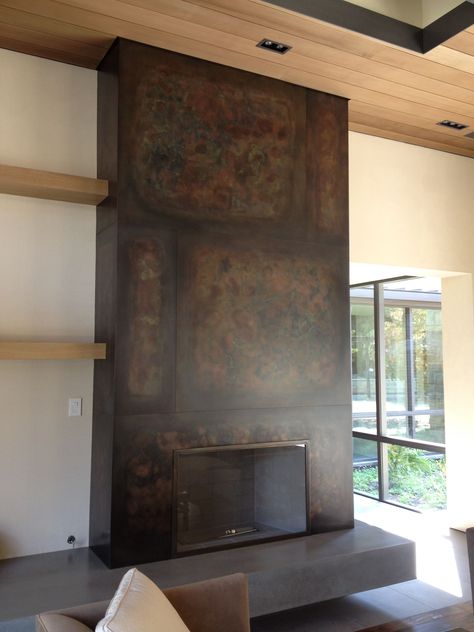 Corten Fireplace, Scandinavian Fireplace Ideas, Copper In Architecture, Scandinavian Fireplace, Copper Fireplace, Modern Fireplace Ideas Living Rooms, Fireplace Modern Design, Copper Living Room, Wood Mantle Fireplace