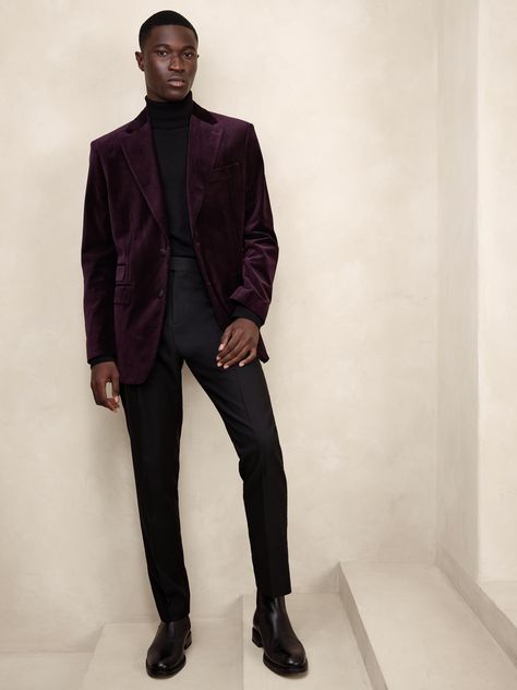 Purple Velvet Blazer Men, All Black Velvet Suit Men, Menswear Wedding Guest, Burgundy Velvet Blazer Mens, Purple Velvet Suit Men, High School Formal Boys, 80s Formal Fashion Men, Velvet Outfit Men, Creative Cocktail Attire Men