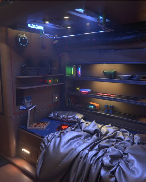 Futuristic Apartment Aesthetic, Cozy Futuristic Bedroom, Sci Fi Room Aesthetic, Dystopian Room Ideas, Cyberpunk Inspired Room, Cyberpunk Decor Futuristic Interior, Futuristic Room Decor, Cyberpunk Home Decor, Retro Futurism Room