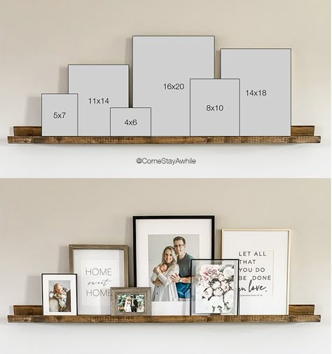 Build your own picture ledge for less than $20. It is SO easy and will look amazing in any space. See link for frame sizing guide Diy Picture Ledge, Bedroom Gallery Wall, Picture Collages, Photo Shelf, Mantle Ideas, Scandinavian Farmhouse, Couch Ideas, Picture Shelves, Picture Ledge