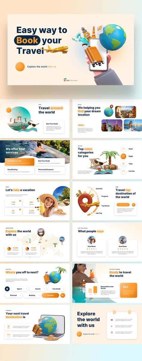 Pitch Deck Design Templates. #SlideMembers #Pitchdeck #Book #Booking #Travel #App #Search #World #Tour #Trip #Guide #Find #Location #Countries #Schedule #Hotel #Flight #Traveler #Tourists #Visits #Checkin #Passport #Vacation #Package #Fly #Airlines #Places #Destination #Modern #Simple #Portfolio #Investor #Professional #Background #Layout #Slide #Design #Multipurpose #Proposal #BestPPT #PPT #PPTdesign #freepresentation #Presentation #Templates #PowerPoint #Investordeck #PPTdeck #freePPT Travel Powerpoint Template, Travel Presentation Design, Travel Ppt Template, Hotel Presentation, Travel Proposal, Travel Powerpoint, Travel Guide Book Design, Travel Presentation, Travel Portfolio