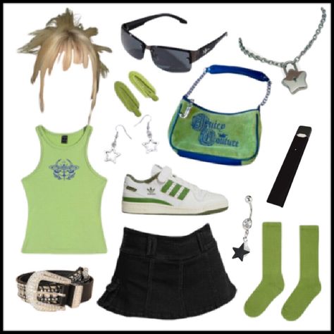 Green Y2k Clothes, Green Cybercore Outfit, Blue And Green Aesthetic Outfit, Green And Blue Outfit, Green Y2k Outfit, Blue Y2k Outfit, Green Y2k, Y2k Aesthetic Outfits, 2000s Outfits