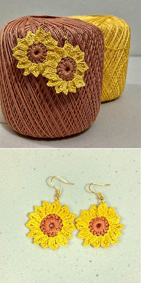 I love this simple yet beautiful sunflower pattern. This crochet design require an intermediate skills level but beginners can also try and learn. As you can see on the pictures below by Akeish Fearon, the Sunflower Earrings are perfect for the summer time! #freecrochetpattern #crochetpattern #crochetearrings Free Earring Crochet Patterns, Crochet Doily Earrings Free Pattern, Sunflower Crochet Earrings Pattern, Quick Easy Crochet Projects To Sell, Free Pattern For Crochet Earrings, Free Crochet Earring Pattern, Crochet Sun Earrings, Simple Crochet Earrings, Crochet Halloween Earrings Free Pattern