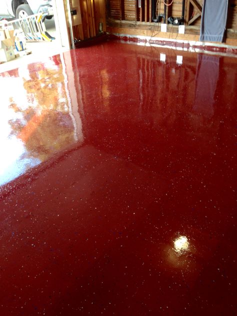 UCoat Tile Red with UFlek-AF Pacific color blend flakes! #red #pacific #epoxy #floor Red Floor, Iron Balusters, Newel Posts, Epoxy Floor, Diy Flooring, Flooring Ideas, Window Frames, Floor Finishes, Through The Window