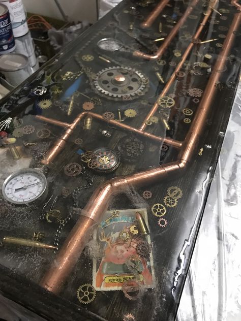 Steampunk Countertop, Resin Bar Top Ideas, Unique Bar Tops, Bar Tops Ideas, Epoxy Resin Bar Top, Bar Top Design, Epoxy Bar Top Ideas, Resin Bar Top, Epoxy Bar Top