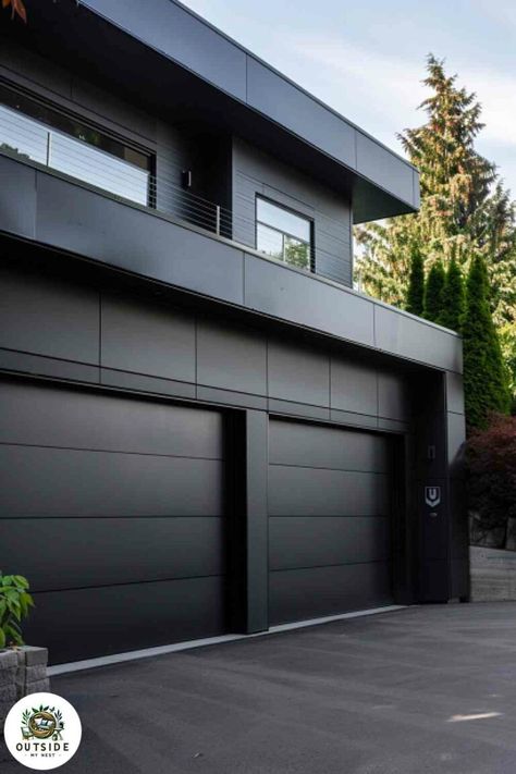 25 Coolest Styles of Garage Doors You Can Get Minimalist Garage Door, Flush Panel Garage Door, Modern Black Garage, Modern Garage Doors Ideas, Garage Exterior Ideas, Black Metal Siding, Farm Interior Design, Exterior House Numbers, Modern Colonial Home