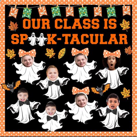 Spooky-TACULAR Halloween bulletin board template. With our charming and interactive Halloween bulletin board template, you can transform your classroom into a haunted house. This design, with cute ghost faces of your kids, is ideal for creating a cheerful and dynamic learning atmosphere. This Halloween Ghost bulletin Board Includes:     Ghosts (Boy and Girl)     Bows for Boy and Girl ghosts     Fall leaves (Colored + InkSaver)     BAT Prop     Boarders in 5 designs (3 & 2 inches)     Letters for header (One PAGE each) Fun Halloween Classroom Doors, October Art Bulletin Boards, Halloween Bulletin Board Ideas For Daycare, Halloween Decorations For The Classroom, Halloween Ghost Door Decorations, Kindergarten Classroom Halloween Decor, Halloween Classroom Board, Ghost Theme Preschool, Halloween Board Decorations