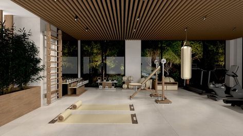 Tips for Home Gym Design: Fostering Physical and Mental Well-Being in Interiors | ArchDaily Nature Gym Design, Gymnasium Interior, Gymnasium Design, Gym Ceiling, Zen Gym, Modern Home Gym Design, Home Gym Design Luxury, Gym Modern, Luxury Basement