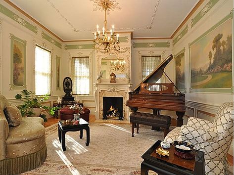 1895 mansion for sale in Massachusetts...love the sofa, that fringe! Home Studio Music Room, Grand Piano Living Room, Big Mansion, Studio Music Room, Piano Living Rooms, Gothic Interior Design, Music Room Design, Victorian Interior Design, Home Music Rooms