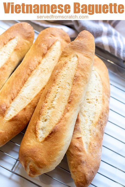 1 reviews · 30 minutes · Vegetarian · Serves 2 · This soft, chewy baguette is easy to make and perfect for sandwiches, subs, or crostinis! Vietnamese Baguette, Vietnamese Sandwich, Toasted Crostini, Sub Sandwich, Baguette Recipe, Homemade Breads, Yeast Breads, Sub Sandwiches, Breads & Buns