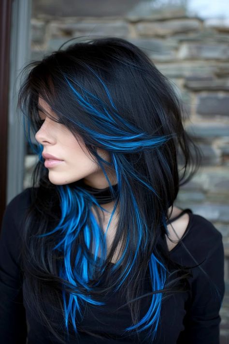 Female Hair Color Ideas, Blue Frosted Tips Hair, Black And Blue Hairstyles, Unique Hair Ideas Color, Brown Blonde And Blue Hair, Layered Blue Hair, Creative Hair Dye Ideas, Woman Hair Color Ideas, Blue Fade Hair