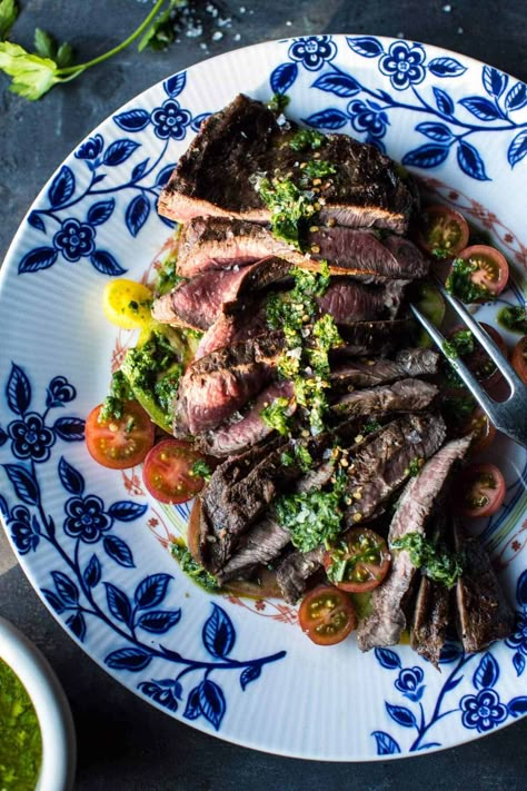 Grilled Skirt Steak with Chimichurri. Skirt Steak With Chimichurri, Steak With Chimichurri, Chimichurri Steak, Steak With Chimichurri Sauce, Skirt Steak Recipes, Grilled Skirt Steak, Half Baked Harvest Recipes, Chimichurri Recipe, Chimichurri Sauce