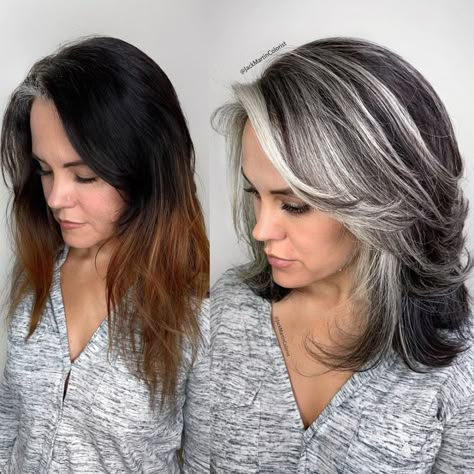 Transitioning to Gray Hair 101, NEW Ways to Go Gray in 2020 - Hair Adviser Natural White Hair, Ash Grey Hair, Grey Hair Care, Grey Hair Transformation, Gorgeous Gray Hair, Grey Hair Inspiration, Gray Hair Growing Out, Gray Hair Cuts, Dark Hair With Highlights