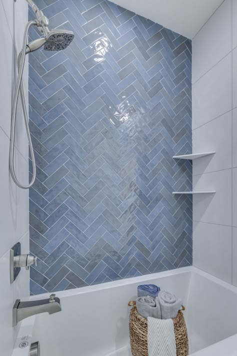 Home-A-Rama 2021- Aberdeen - Bathroom - Indianapolis - by Old Town Design Group | Houzz Blue Tiles Bathroom Ideas, Small Kids Bathroom Remodel, Blue Bathroom Shower Tile, Blue Tile Tub Surround, Beach Bathroom Ideas Coastal Style Bath, Grey And Blue Bathroom Ideas, Kids Bathroom Tile, Old House Bathroom, Blue Shower Tile Ideas