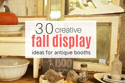 Are you looking for some creative fall display ideas for your antique booth? You're gonna love these inspirational ideas for how to bring fall into your booth space! Whether you set up as a flea Fall Craft Show Booth Display Ideas, Fall Craft Booth Display Ideas, Vintage Booth Wall Ideas, Fall Flea Market Booth Ideas, Fall Antique Booth Ideas, Fall Antique Booth Displays, Fall Booth Displays Vintage, Setting Up A Vintage Booth, How To Start An Antique Booth