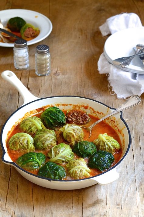 Stuffed cabbage with freekeh meatballs | Bibbyskitchen recipes Meatballs With Stuffing, Chicken And Leek Casserole, Cape Malay, African Dishes, Malay Food, Stuffed Cabbage, Hearty Casseroles, Meatballs Recipe, South African Recipes