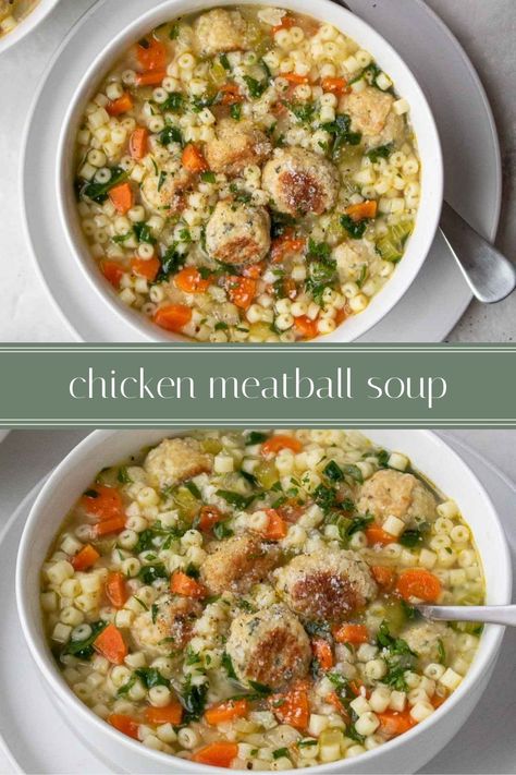 The combination of hearty meatballs, tender veggies, and pasta makes this chicken meatball soup a heart-warming lunch or dinner on a cold day. Plus, leftovers keep well in the fridge and freezer making it a great make-ahead meal. Chicken Meatball Noodle Soup, Chicken Meatball Stew, Make Ahead Chicken Noodle Soup, Frozen Meatball Soup Recipes, Healthy Meatball Soup, Meatballs Soup Recipes, Chicken Meatball Soup Recipes, Frozen Meatball Soup, Meatball Soup Healthy