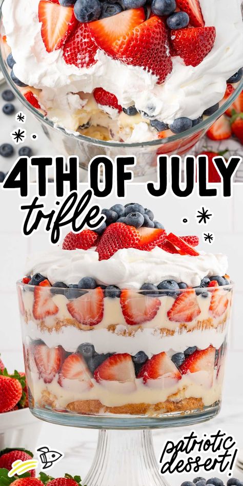 4th of July Trifle Dye Free 4th Of July Food, Fourth Of July Layered Dessert, Deserts For 4th Of July, 4th Of July Layer Cake, 4th Of July Tiramisu, Red White And Blueberry Trifle, Summer Desserts With Strawberries, Summer Berry Trifle, Fresh Berry Trifle