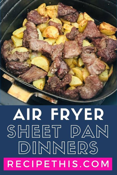 Air Fryer Tray Bake, Air Fryer Sheet Pan Meals, Air Fryer One Pan Meal, One Pan Air Fryer Meals, Dinners In Air Fryer, Air Fryer Sheet Pan Recipes, Air Fryer Sheet, Meals Air Fryer, Sheet Pan Meals