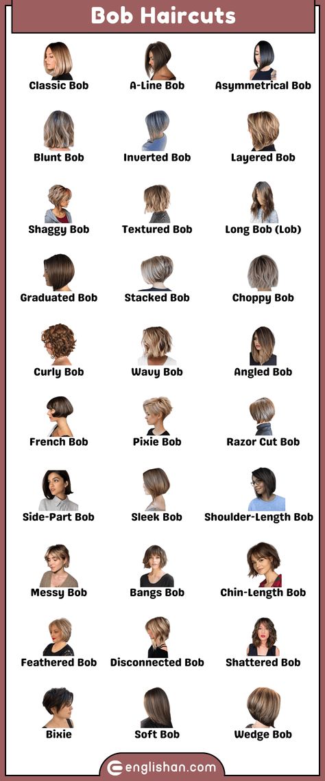 Bob haircuts for women with Pictures Haircuts Names, Names For Women, Picture Vocabulary, Bob Haircuts For Women, Haircuts For Women, Bob Haircuts, Bob Cut, Bobs Haircuts, Face Shapes