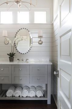 Cabinet paint color is Agreeable Gray Sherwin Williams Sherwin Williams Grey, Cabinets For Bathrooms, Bathroom Paint Color, Window Placement, Gray Cabinet, Wood Panel Wall, Painting Bathroom Cabinets, Gray And White Bathroom, Sherwin Williams Gray