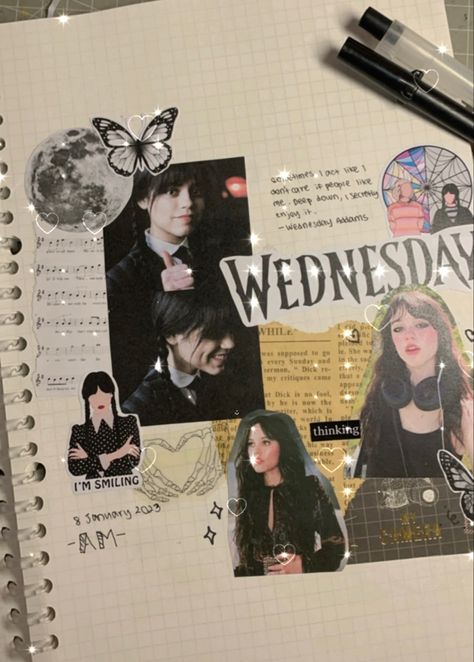 Wednesday Addams Journal Ideas, Wednesday Addams Journal, Wednesday Journal, Tv Show Journal, Jenna Wednesday, Bulletin Journal, Movie Journal, Bulletin Journal Ideas, Journal Idea