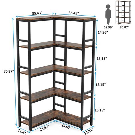 17 Stories Mallet 70.87'' H x 35.43'' W Metal Etagere Bookcase & Reviews | Wayfair Corner Shelf Storage, Tall Corner Shelf, Bookshelf Industrial, Corner Bookshelf, Metal Beam, Corner Bookshelves, Industrial Design Furniture, Vintage Industrial Style, Corner Design