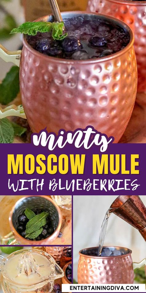 Minty Moscow Mule With Blueberries | Summer Recipes Blueberry Mule, Blueberry Moscow Mule, Blueberry Mocktail, Blueberry Drink, Blueberry Drinks, Blueberry Simple Syrup, Blueberry Cocktail, Blueberry Vodka, Mint Drink