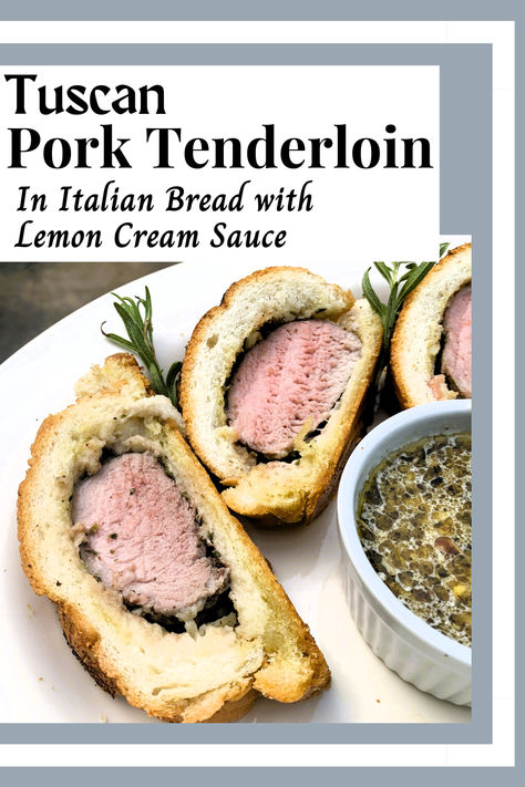 Easy & interesting, a delicious Tuscan way to do PORK! A winner!  #tuscanporktenderoininitalianbread #besttuscanporkinbread #easytuscanporkinbread #bestlemoncreamsauce #easylemoncreamsauce #lemoncreamsauceformeats #tuscanporkincrostadipane #Filettodimaialeincrostadipane #herbedporktenderloininitalianloaf #tuscanbreadwithporktenderloin #porktenderloinwithherbsinitalianbread #internationalporktendloin #Tuscanporktenderloin #bestitalianporkrecipes #italianporkentree #italianporkwithlemoncreamsauce Tuscan Pork Tenderloin, Italian Main Dishes, Pork Entrees, Lemon Cream Sauces, Bread Rolls Recipe, Pork Fillet, Pork Loin Recipes, Fresh Sage, Tenderloin Recipes