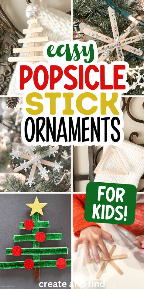 Easy popsicle stick Christmas tree ornaments for kids. Easy Craft Ornaments For Kids, Christmas Crafts Using Popsicle Sticks, Popsicle Sticks Christmas Ornaments, Popsicle Christmas Trees, Easy Ornament Crafts For Kids, Diy Tree Ornaments For Kids, Build With Popsicle Sticks, Kindergarten Ornament Craft, Christmas Tree Crafts For Kids Preschool