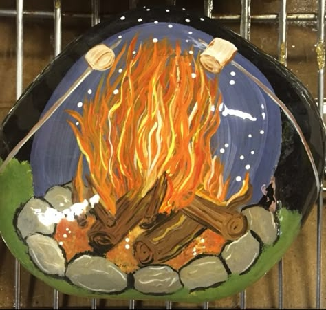 Campfire, roasting marshmallows, painted rock Campfire Painted Rock, Scenery Painted Rocks, Camping Rock Painting, Truck Rock Painting, Camping Painted Rocks, Paint Rocks, Drawing Pictures, Painting Summer, Rock Hunting