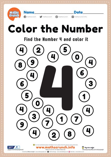 Prek Number 4 Worksheet, Number 4 Coloring Sheet, Colour The Numbers Worksheet, Number 4 Worksheet Kindergarten, Find The Number Worksheet, Number Hunt Preschool, Color The Numbers Worksheet, Math Preschool Activities Printables, Number 4 Activity For Preschool