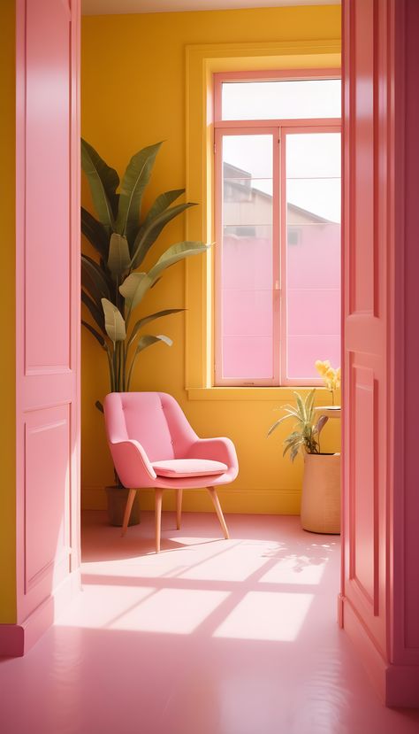 Sunny Nook: Embrace bold colors with a playful pink chair and sunny yellow walls for an uplifting corner that radiates joy. #HomeDecor #ColorPop #InteriorInspiration Pink Home Office Ideas Modern, Pink And Orange Living Room Ideas, Neon Wall Paint, Yellow And Pink Room, Pink And Yellow Living Room, Soft Pastel Bedroom, Pink And Yellow Room, Pink Yellow Aesthetic, Yellow Interior Design