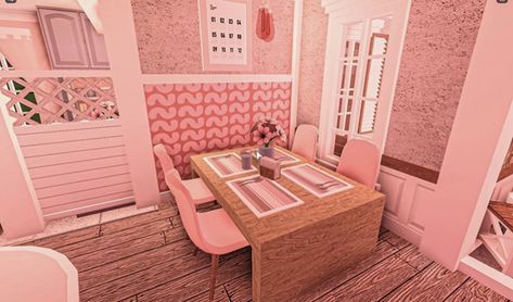 Blush House Exterior, Bloxburg Blush House, Blush House, Pink Dining Room, Cottage Core Bloxburg House, Aesthetic Bloxburg, Bloxburg Interior, Bloxburg Building, Blox Burg