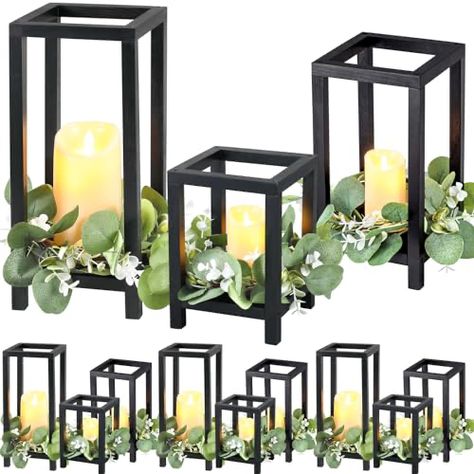 Black Lantern Centerpiece, Fireplace Lantern, Lantern For Wedding, Centerpiece Lantern, Wood Candle Lantern, Wooden Candle Lanterns, Wedding Lantern, Lanterns Fireplace, Farmhouse Candle