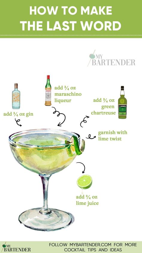 Unleash the perfect blend of sophistication and flavor with our Last Word Cocktail recipe! 🍸✨ Crafted with equal parts gin, green chartreuse, maraschino liqueur, and fresh lime juice, this classic concoction guarantees a taste bud symphony. 🎉🌿#LastWordCocktail Last Word Cocktail Recipe, Cocktails With Green Chartreuse, The Last Word Cocktail, Lime Green Cocktails, Chartreuse Drink Cocktails, Chartreuse Drink, Lime Cocktail Recipes, Lemon Cocktail Recipes, Last Word Cocktail