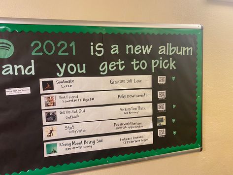 Spotify Board, Hip Hop Bulletin Board Ideas, Spotify Decor, Spotify Bulletin Board, Classroom Notice Board Ideas, Campain Posters, School Campaign Posters, January Bulletin Boards, Res Life Bulletin Boards