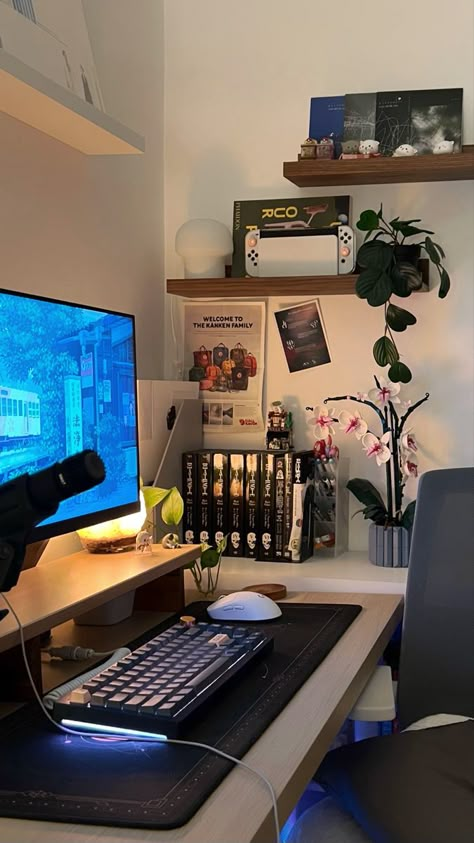 Male Desk Setup, Productive Desk Setup Aesthetic, Men’s Desk Setup, Desk Setup With Shelves, Simple Room Setup, Guy Gaming Setup, Desk Monitor Setup, Creative Desk Ideas, Tv Setup Bedroom