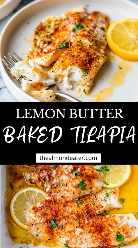 Enjoy this 20-minute Lemon Butter Baked Tilapia for weeknight dinners or meal prep! Lightly seasoned and dressed in a luxurious lemon butter sauce, every tender and flaky bite of fish is perfectly lemony, garlicky, and melt-in-your-mouth delicious. Pan Fried Fish With Lemon Butter Sauce, Lemon Pepper Fish Baked, Zesty Lemon Butter Fish Fillet, Baked Tilapia Recipes Healthy, Tilapia Recipes Baked, Baked Tilapia Fillets, Breaded Tilapia, Oven Baked Tilapia, Lemon Butter Tilapia