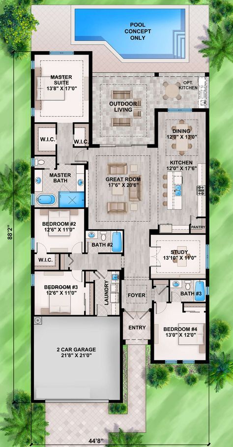 Temple Plan, 4 Bedroom House Designs, Florida House Plans, Modern House Floor Plans, Plan Architecture, Coastal House Plans, Design Floor Plans, House Floor Design, Building House Plans Designs