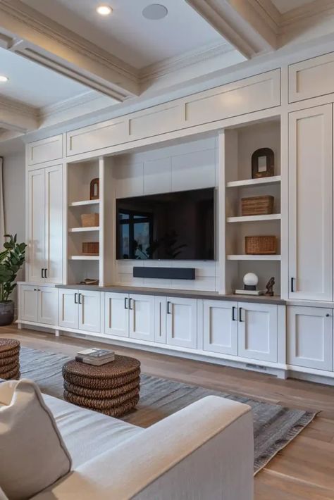 Built In Media Console, Built In Cabinets Living Room, Built In Tv Cabinet, Built In Tv Wall Unit, Wall Units With Fireplace, Built In Wall Units, Floating Tv Unit, Tv Wall Decor Ideas, Built In Entertainment Center