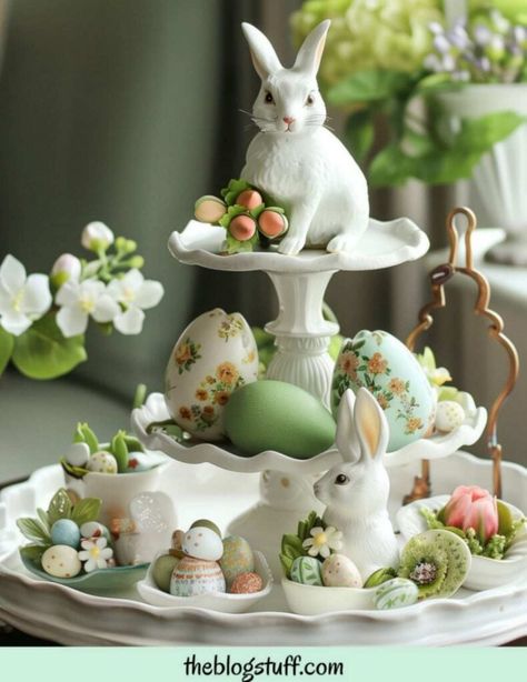 Hot Chocolate Bar Decor, Pastel Easter Decorations, Tiered Tray Decor Ideas, Tray Decor Ideas, Easter Tiered Tray, Hot Chocolate Bar, Cute Diy Room Decor, Hot Chocolate Bars, Small Tray